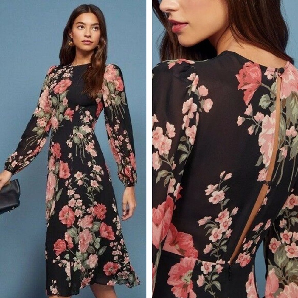 Reformation Black and Pink Floral Midi Dress